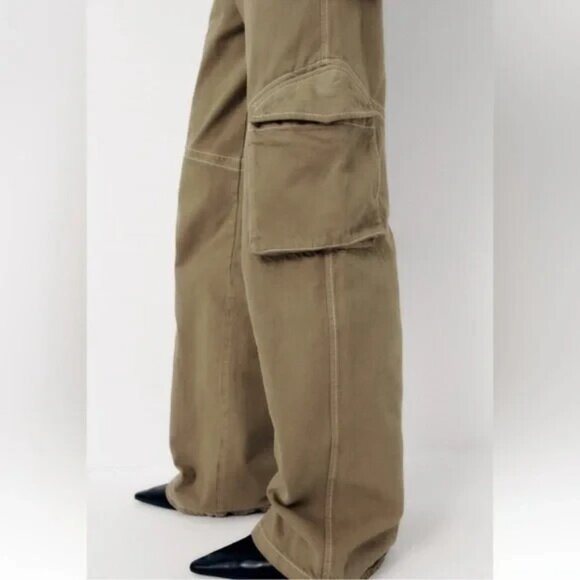 Zara Full Length Cargo Khaki Pants Womens XS Light Khaki Cotton - Picture 5 of 6